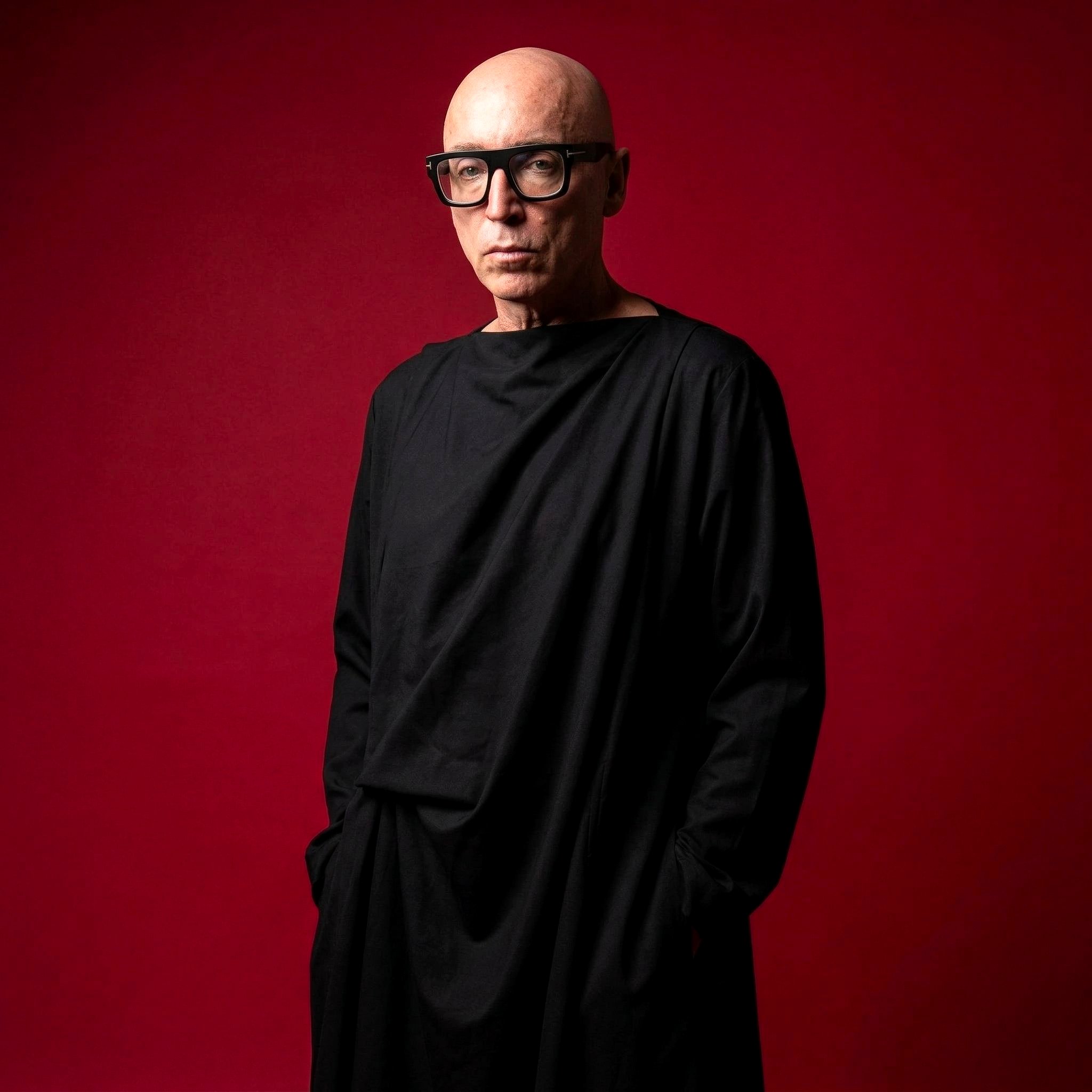 AI-generated portrait in black draped clothing