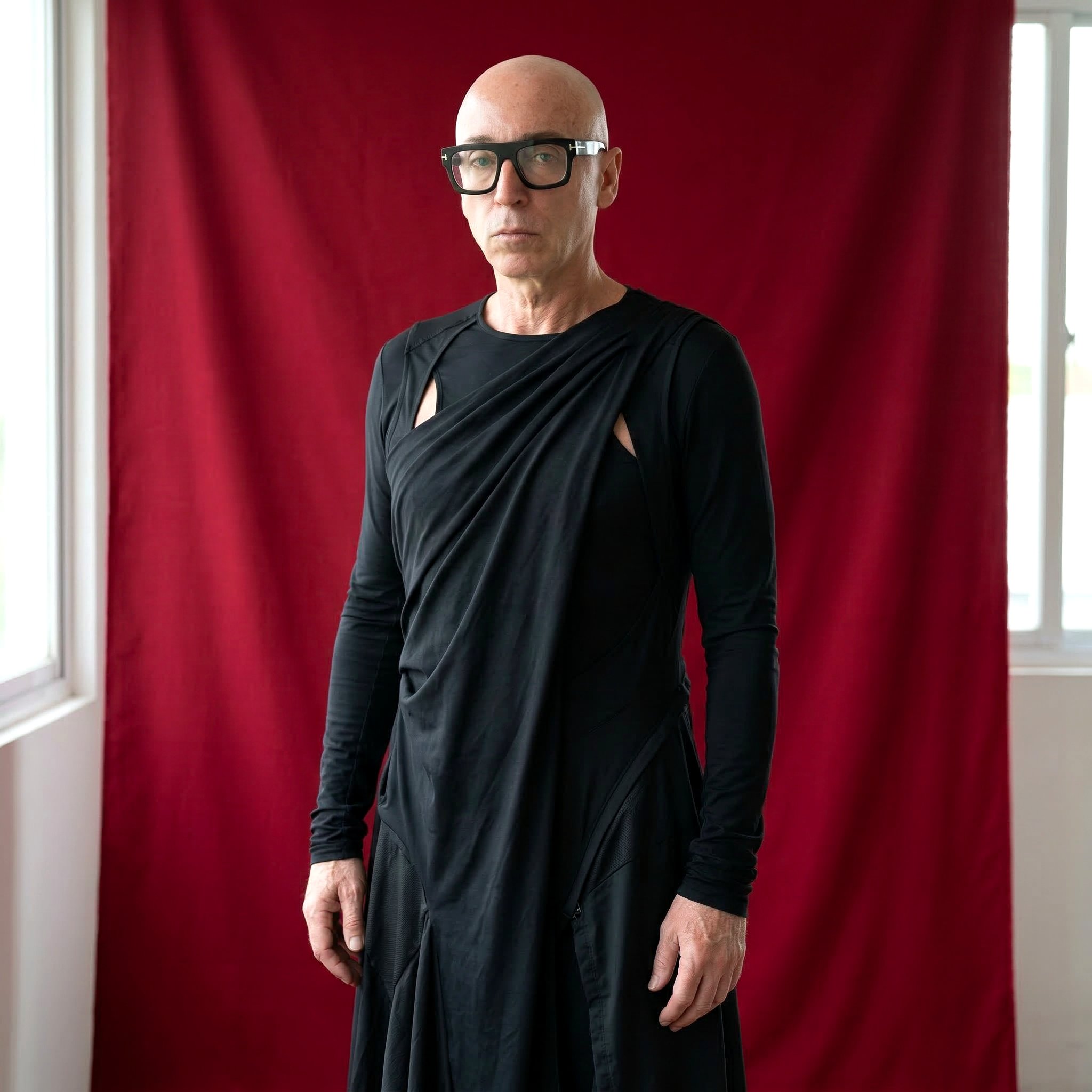 AI-generated portrait with red curtain and black garment