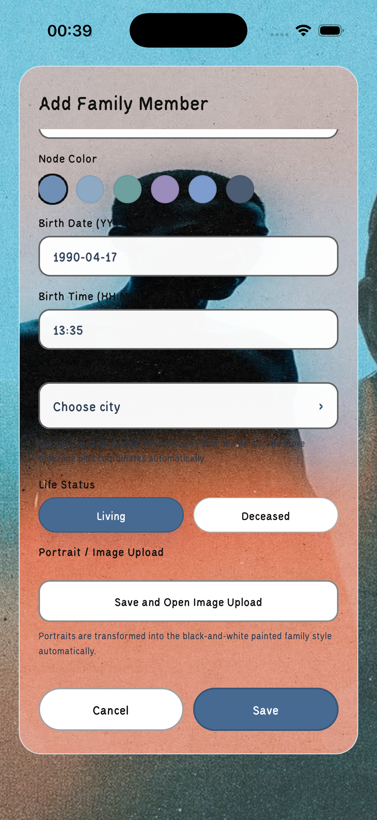 Families-app add family member form for entering birth date, time, and location data