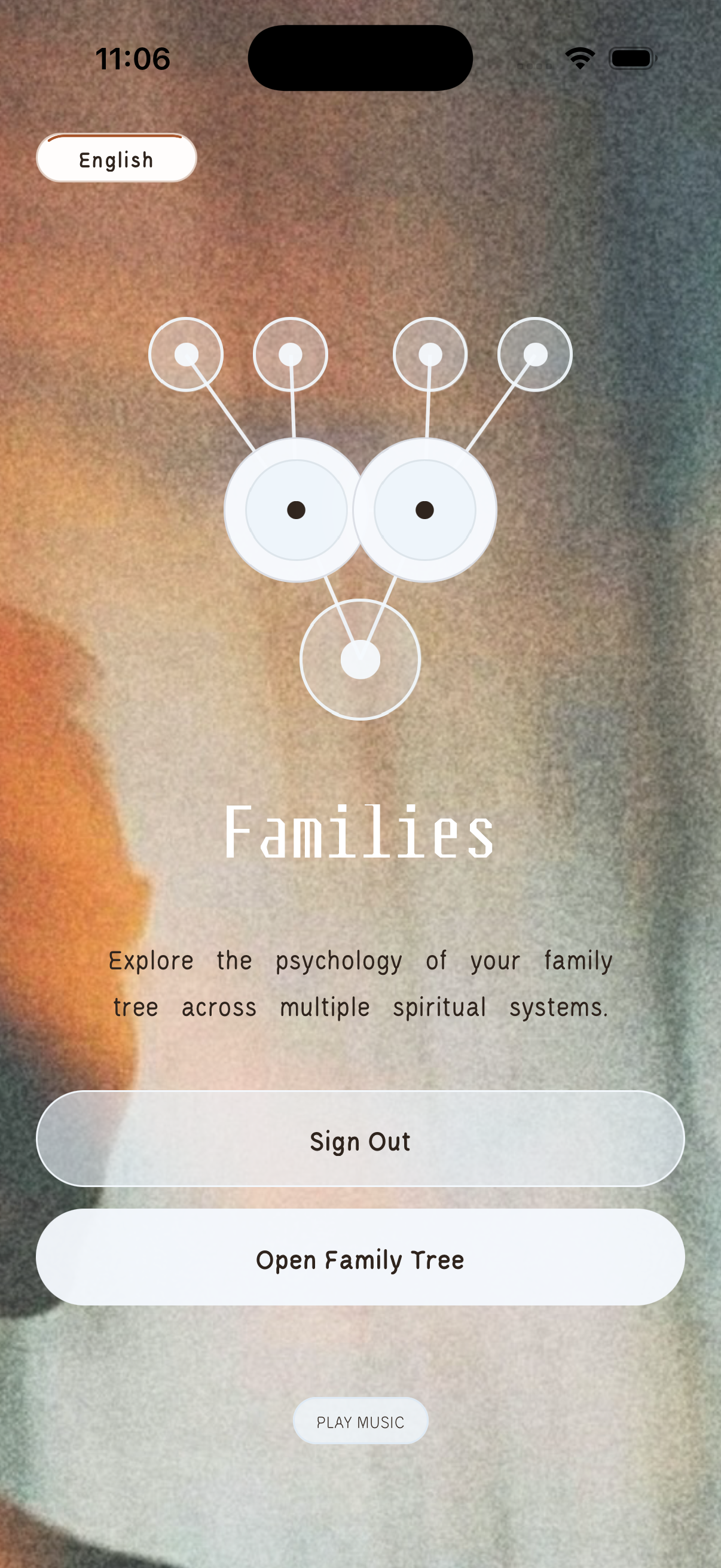 Families-app welcome screen showing five spiritual systems for family astrology readings