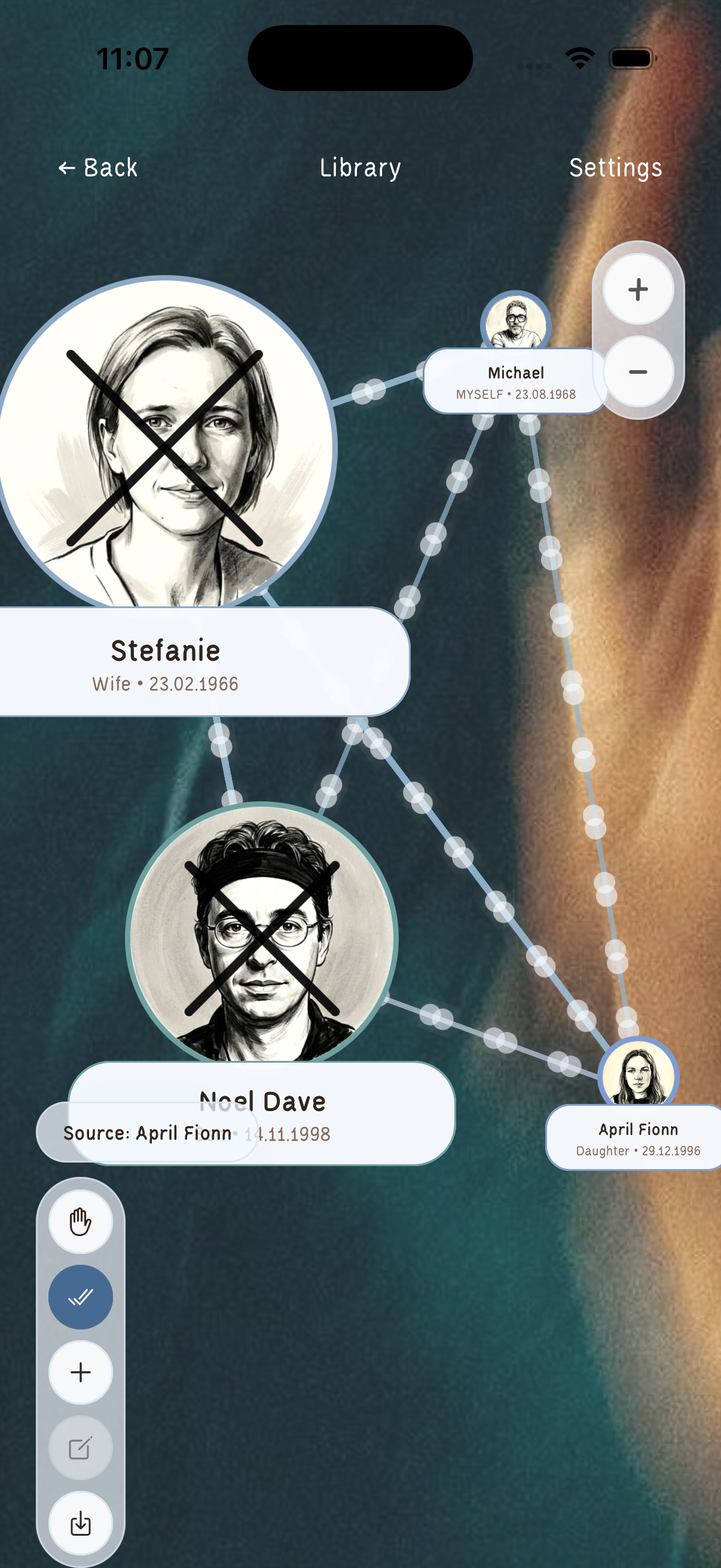 Families-app reading library with saved astrology readings, narrated audio, and PDF documents for family members
