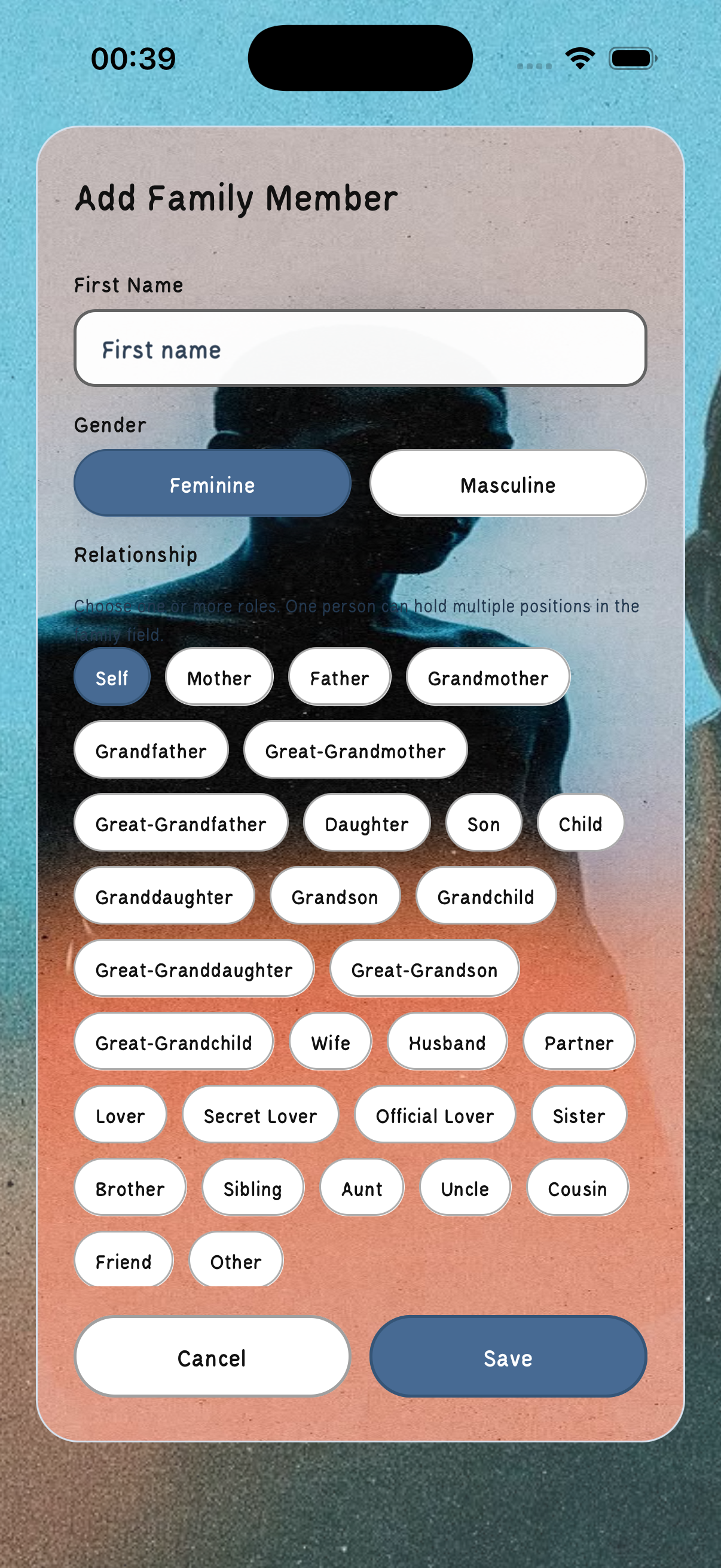 Families-app relationship type selector with over 30 family roles including parents, siblings, partners, and extended family