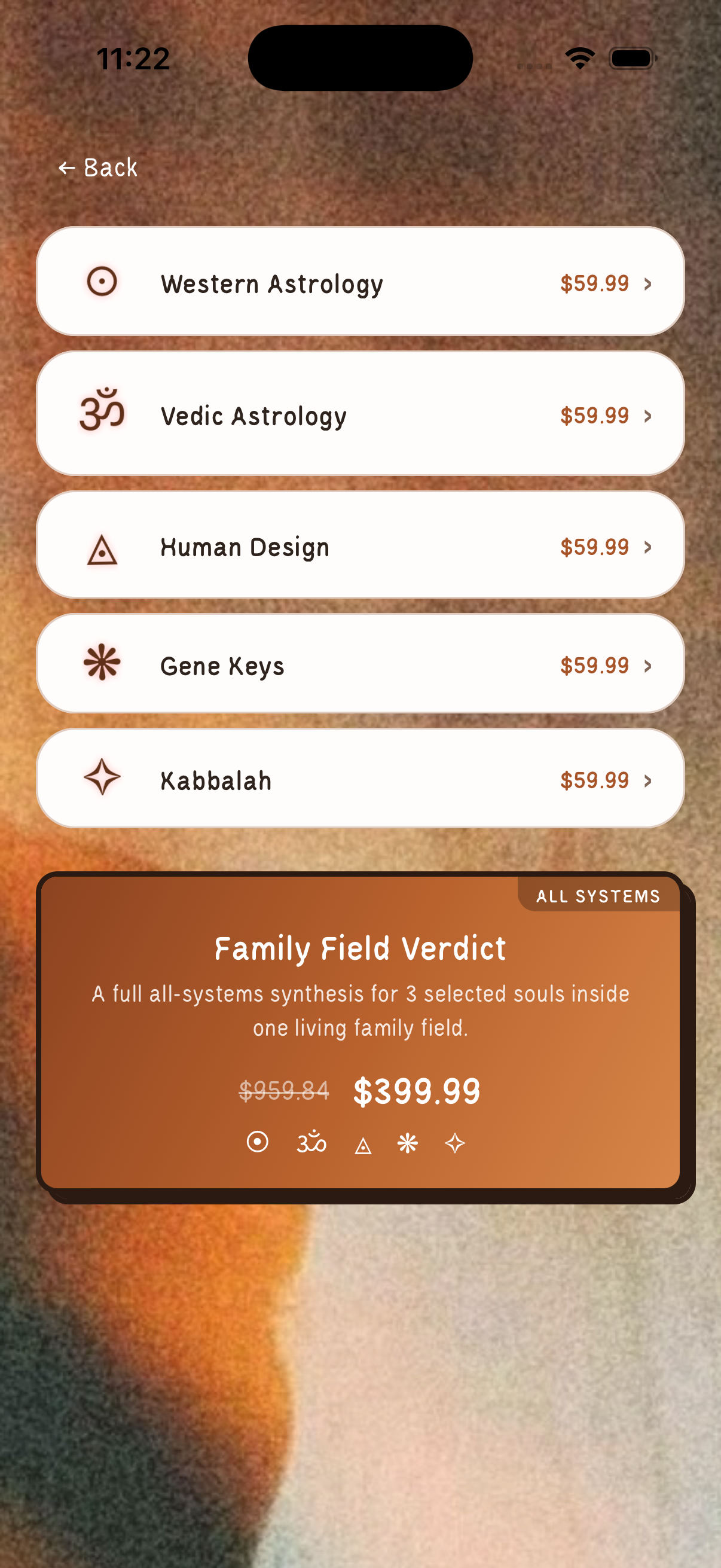 Families-app system selection screen showing Western Astrology, Vedic Astrology, Human Design, Gene Keys, and Kabbalah