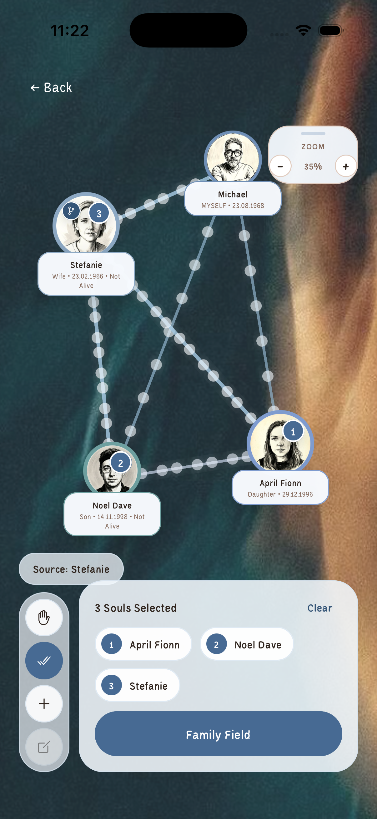 Families-app interactive family tree molecule view with connected family member portraits